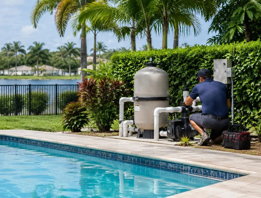 Pool technician inspecting pump and filter equipment beside a Florida pool