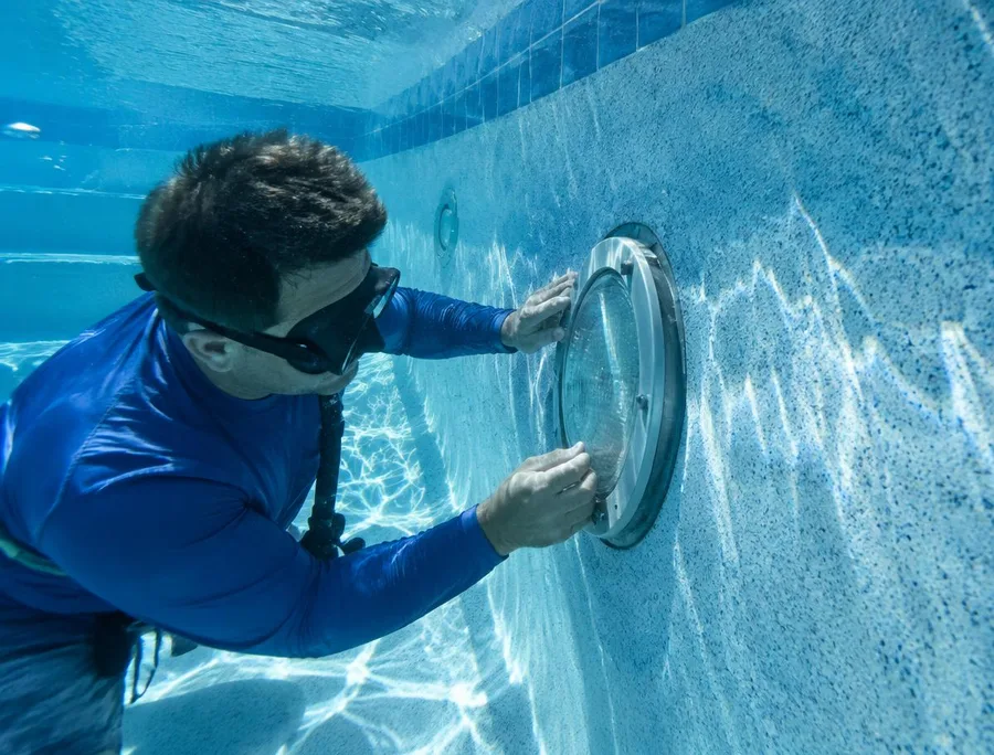 Technician completing an underwater pool light repair without draining the pool